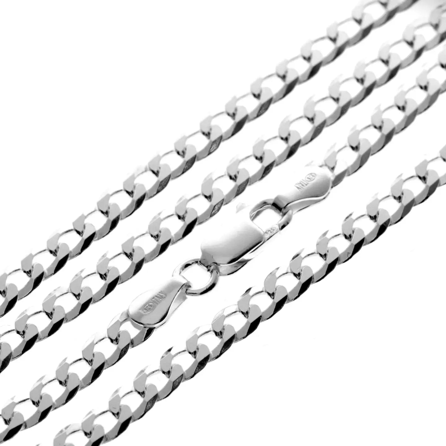 Close up view of the 925 sterling silver cuban necklace clasp on a white background