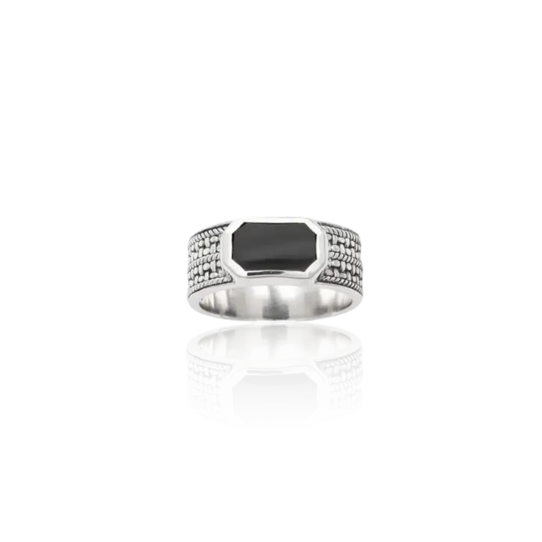 Men's 925 sterling silver black agate signet ring on white background