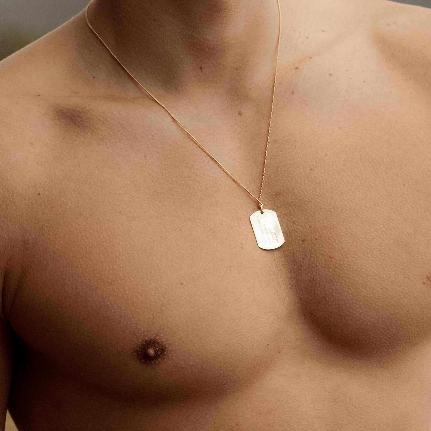 man modelling 18k gold plated military tag necklace
