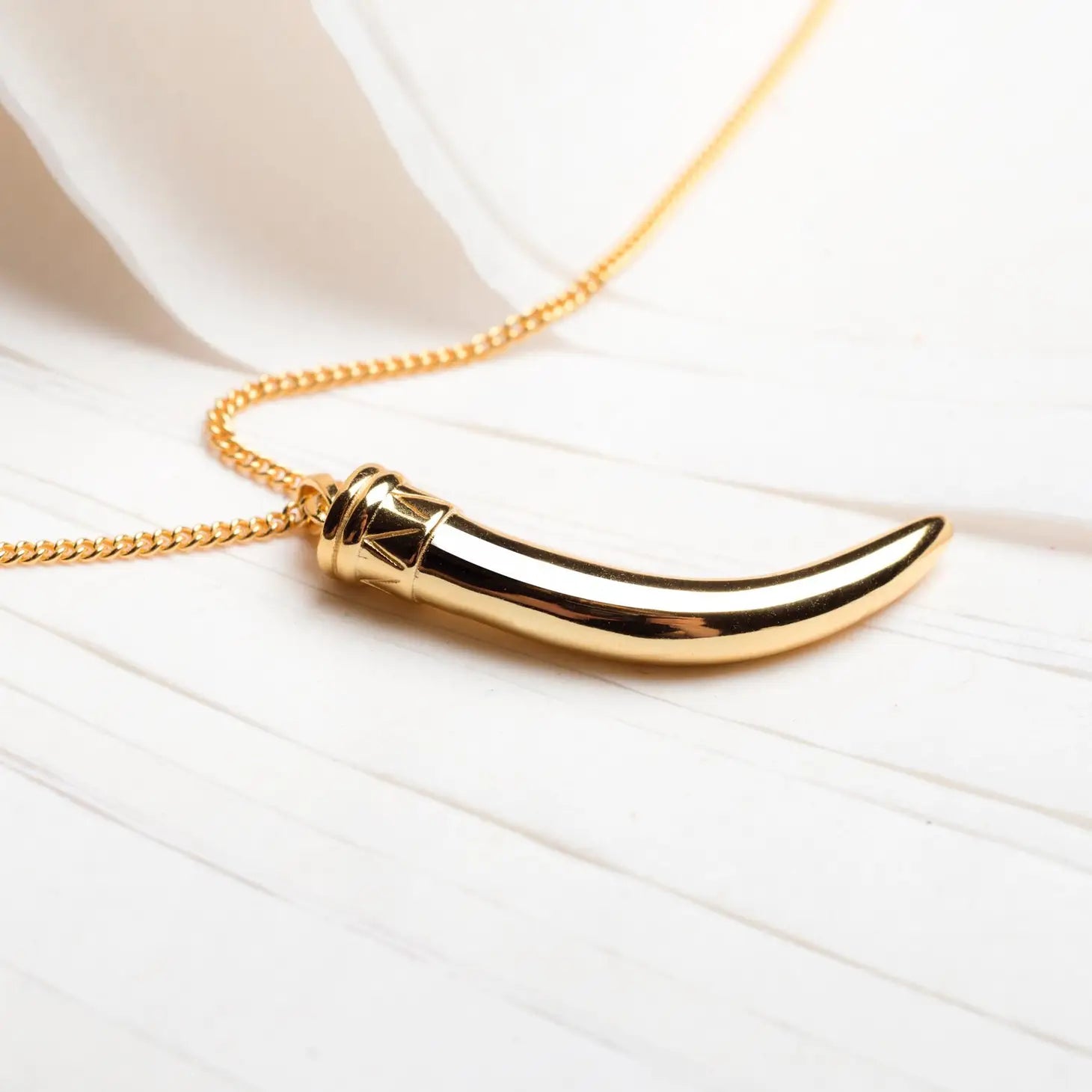 Men's 18k gold plated horn necklace displayed on a table