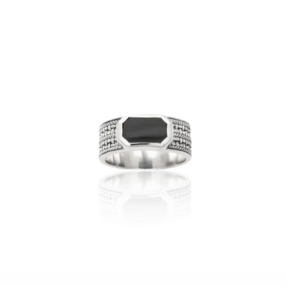 Men's 925 sterling silver black agate signet ring on white background