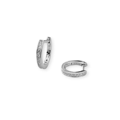 Pair of 925 sterling silver hoop earrings encrusted with small zirconia on a white background