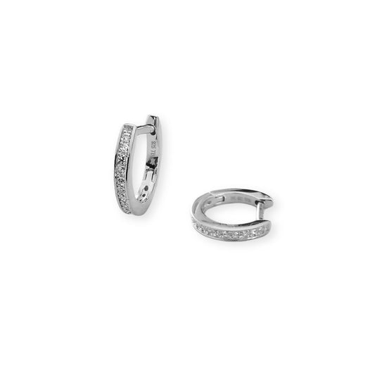 Pair of 925 sterling silver hoop earrings encrusted with small zirconia on a white background