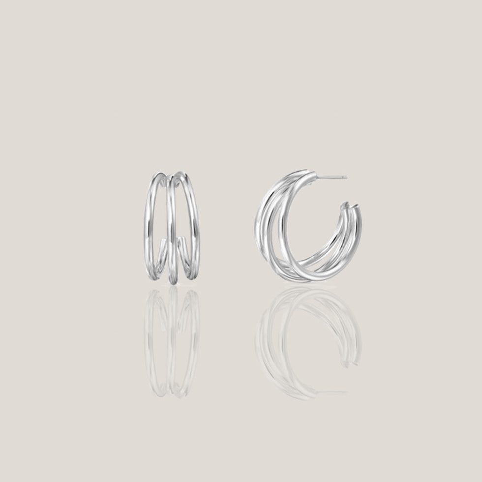 Pair of 925 sterling silver triple hoop earrings on a light grey background