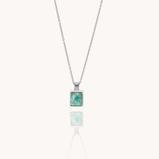 Women's 925 sterling silver necklace with blue amazonite stone pendant on a white background
